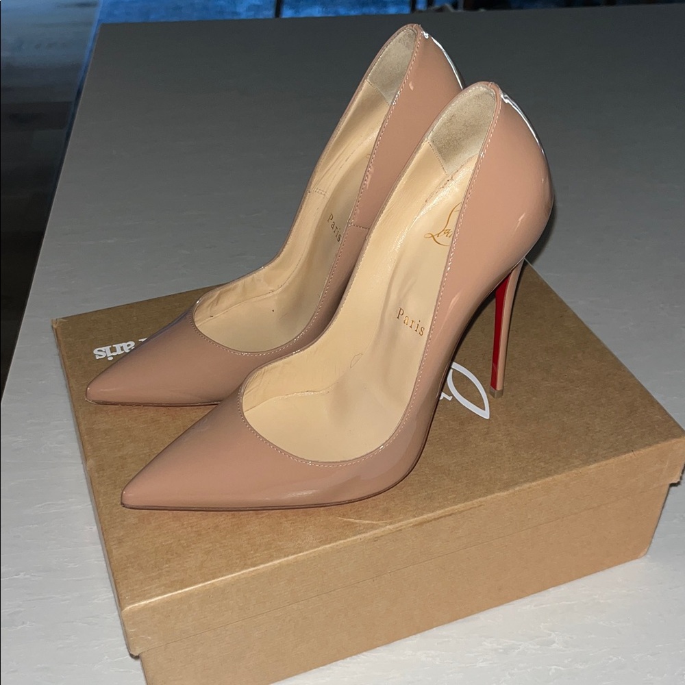 Christian Louboutin 38 So Kate 120 MM nude patent stiletto heels pumps US 7